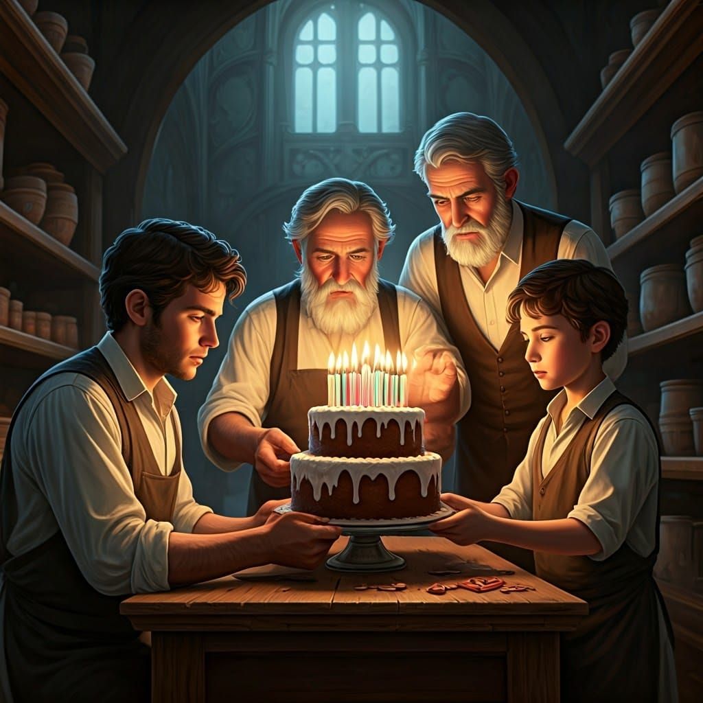 Orthodox Men Craft Majestic Cake in Whimsical Bakery