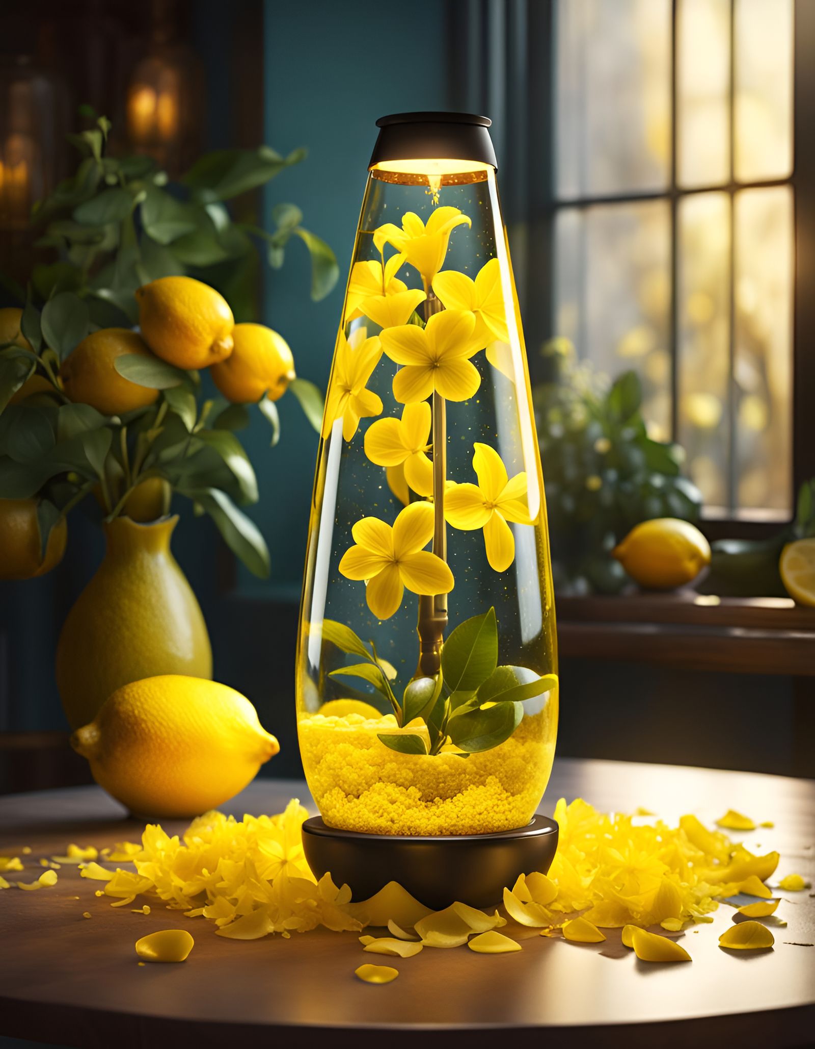 Yellow lava lamp and lemons