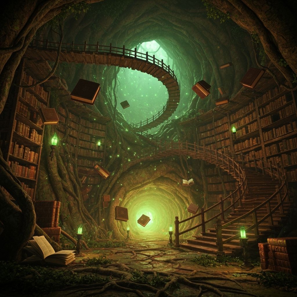 Ancient underground spell library grown inside a giant living tree, glowing root-tunnels, floating books, emerald light, wooden bridges spir...