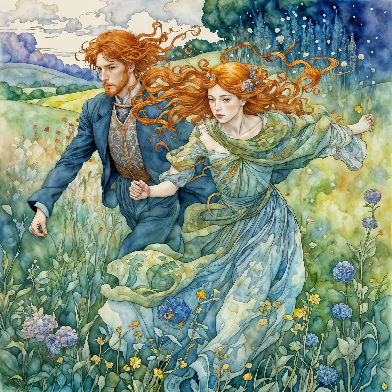 Beautiful redhead, Yoshitaka Amano, Android Jones, Gustav Klimt, Alphonse Mucha;  romantic, magical,, ...  by @Jano
