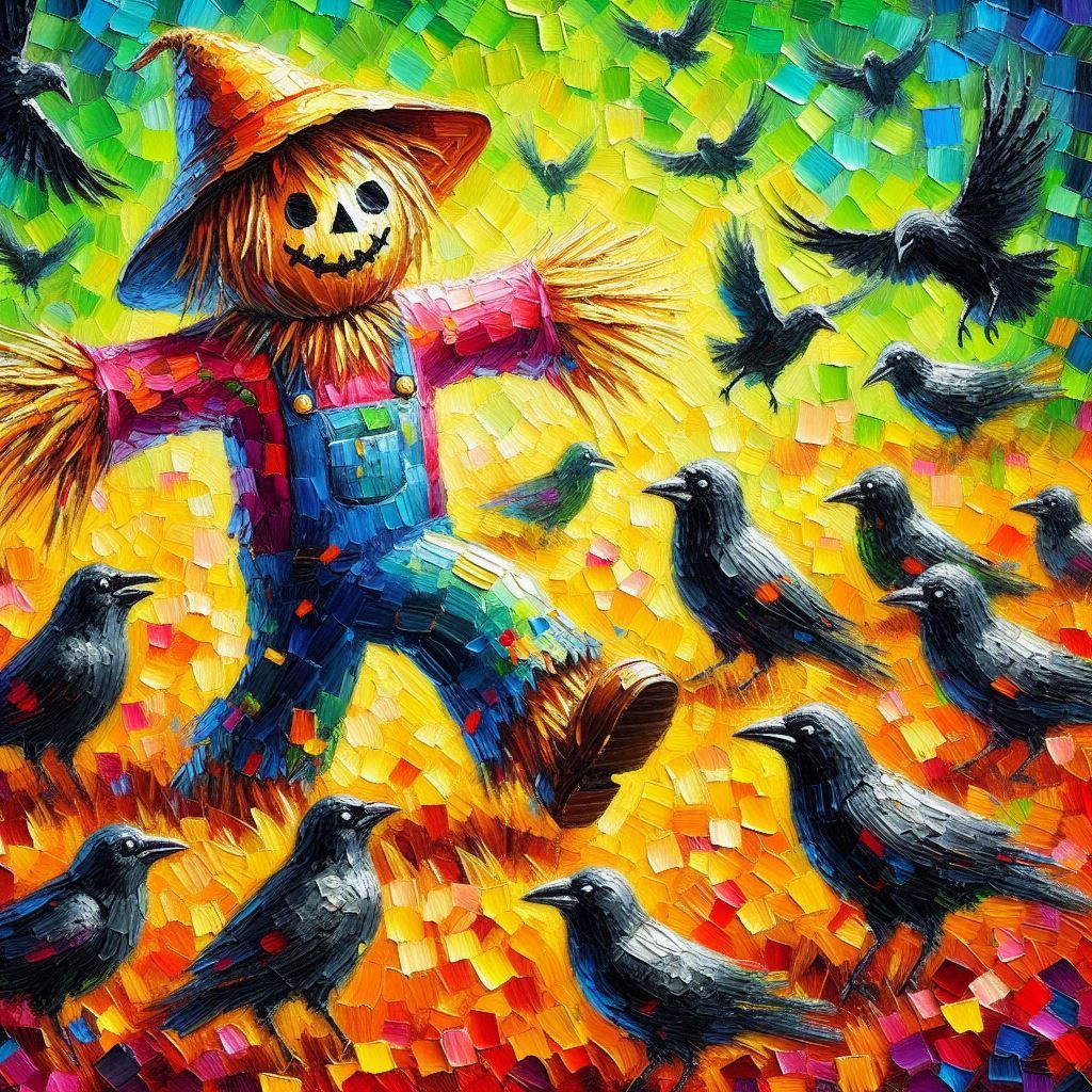 A scarecrow runs through a field of crows in a vibrant oil p...