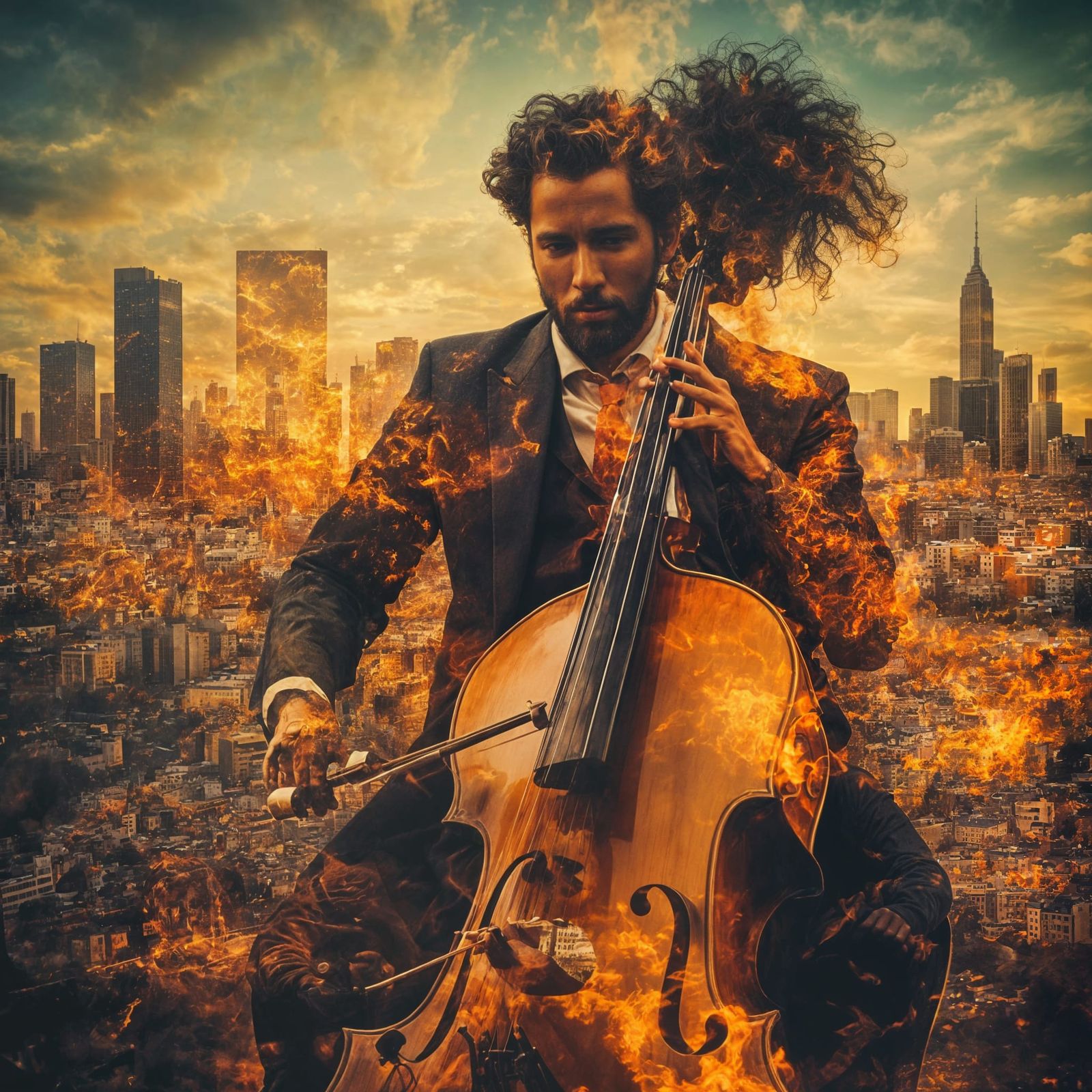<lora:MJ6-1 DoubleExposure:1.0> 
Double exposure of a silhouetted portrait of a man with curly hair playing a double bass, and a burning ci...