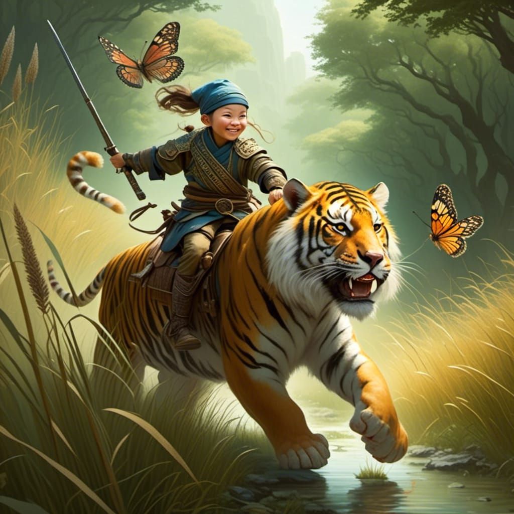 <lora:Fanta-Steed:1.0> A gnome warrior riding a tiger through high grass