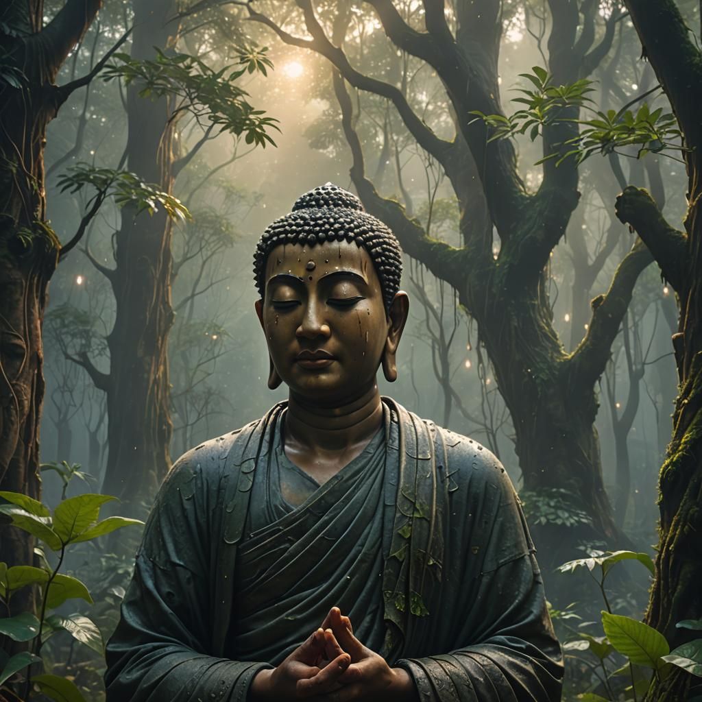 Subhuti and Buddha in Misty Forest: Digital Matte Painting