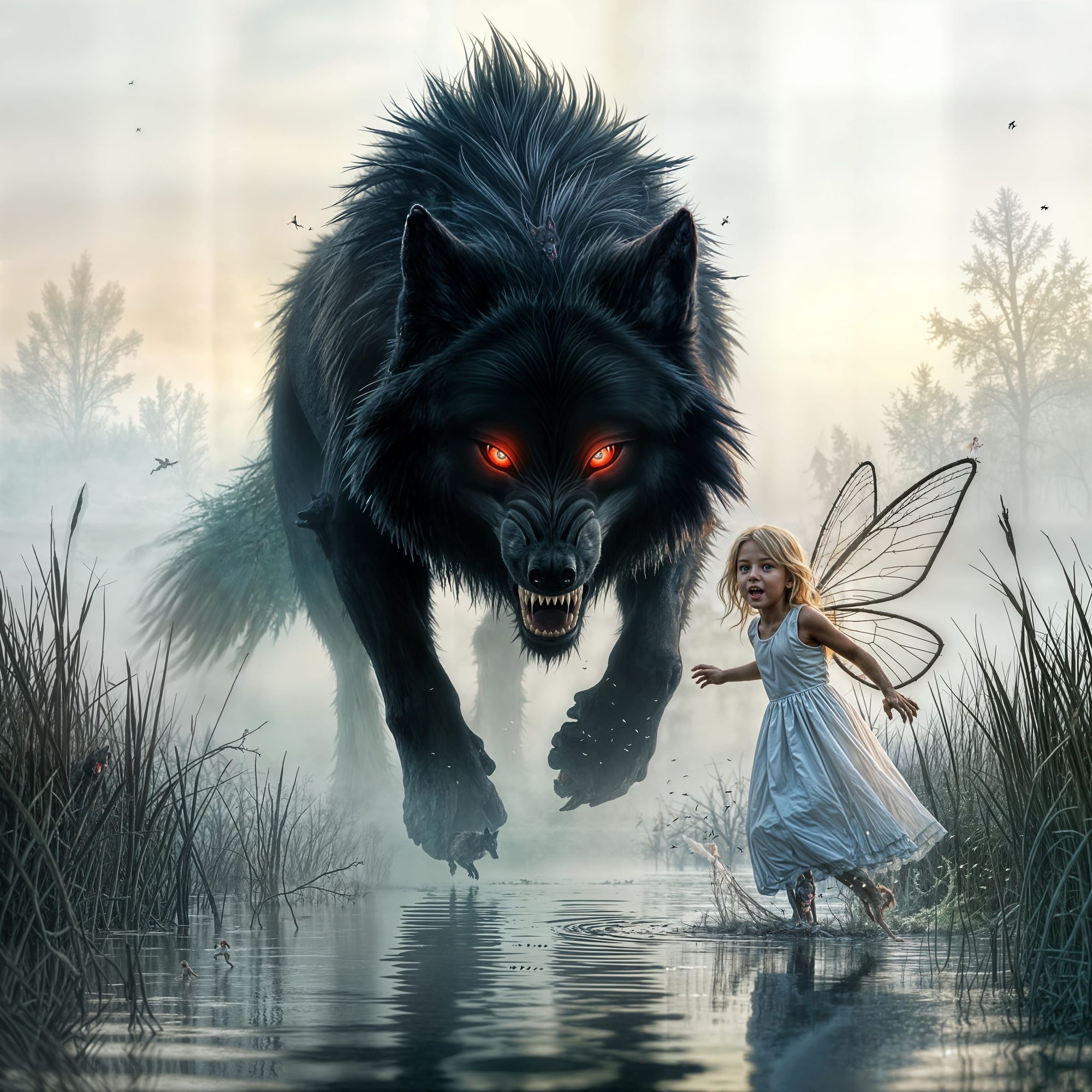 Giant black wolf with red eyes, snarling, and showing visions teeth is leaping through the air to attack a little blonde girl wearing a whit...