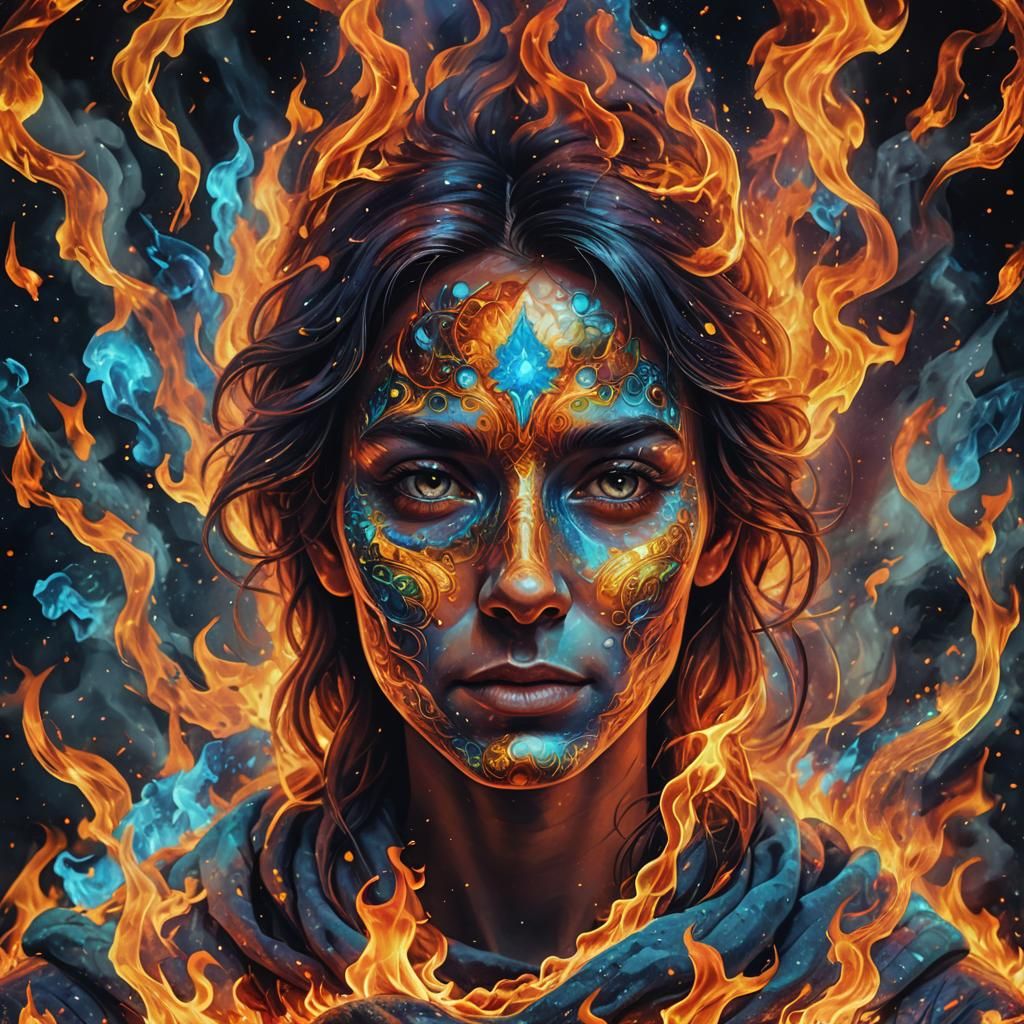 Face colored by fire, fireplace