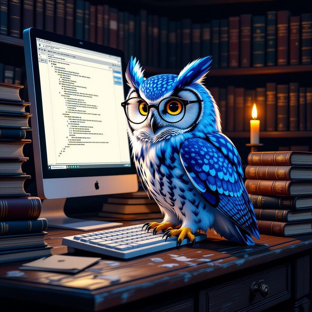 A realistic blue owl wearing spectacles is stood on a desk and typing on computer keyboard with one foot. The desk is wooden library desk, w...