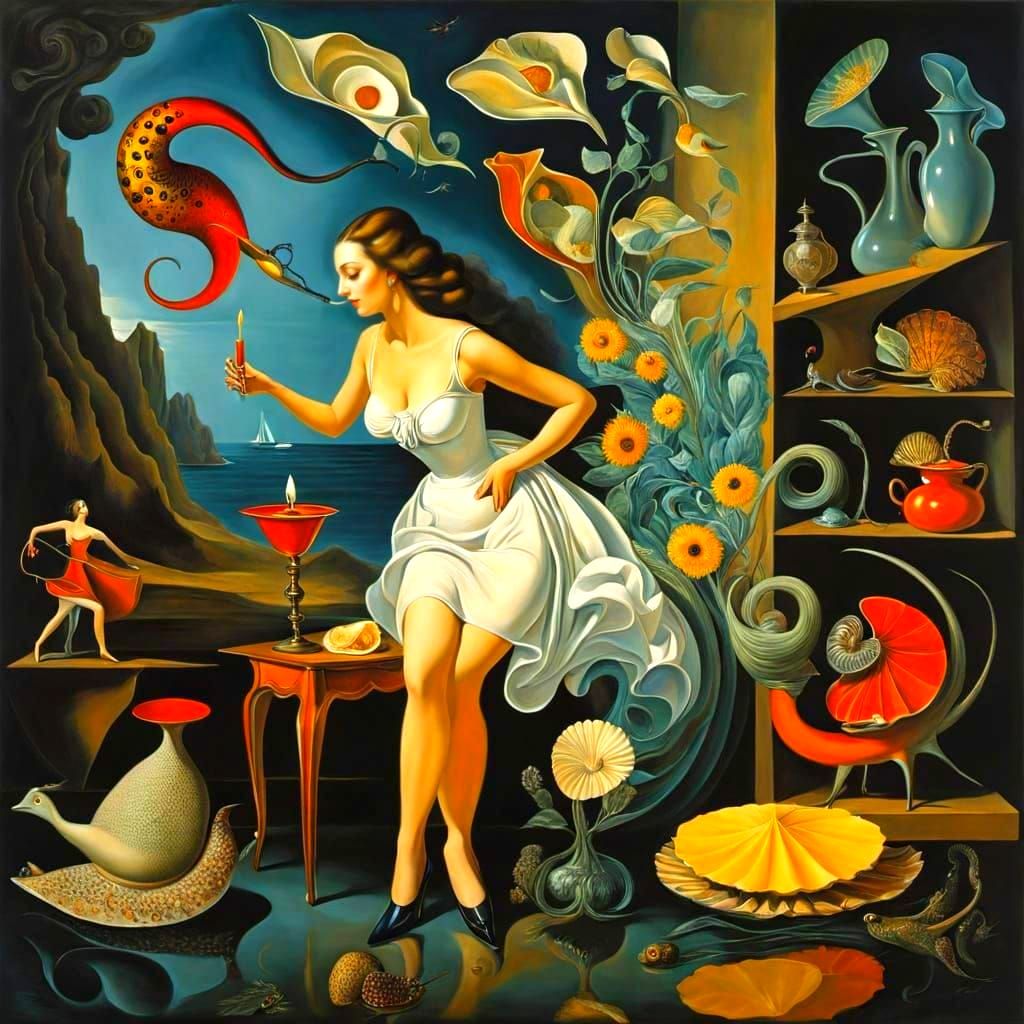 Surrealistic Fantasy Lady in an Extravagant Asymmetrical Com...