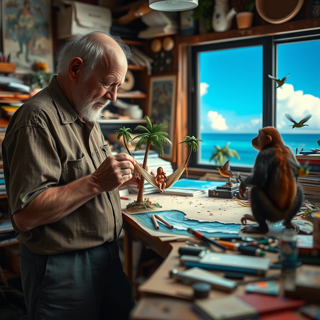 photo of the most relaxing, most peaceful artist studio in the world. Surreal. Simple. Maximally cluttered with hand made objects,. Liminal...
