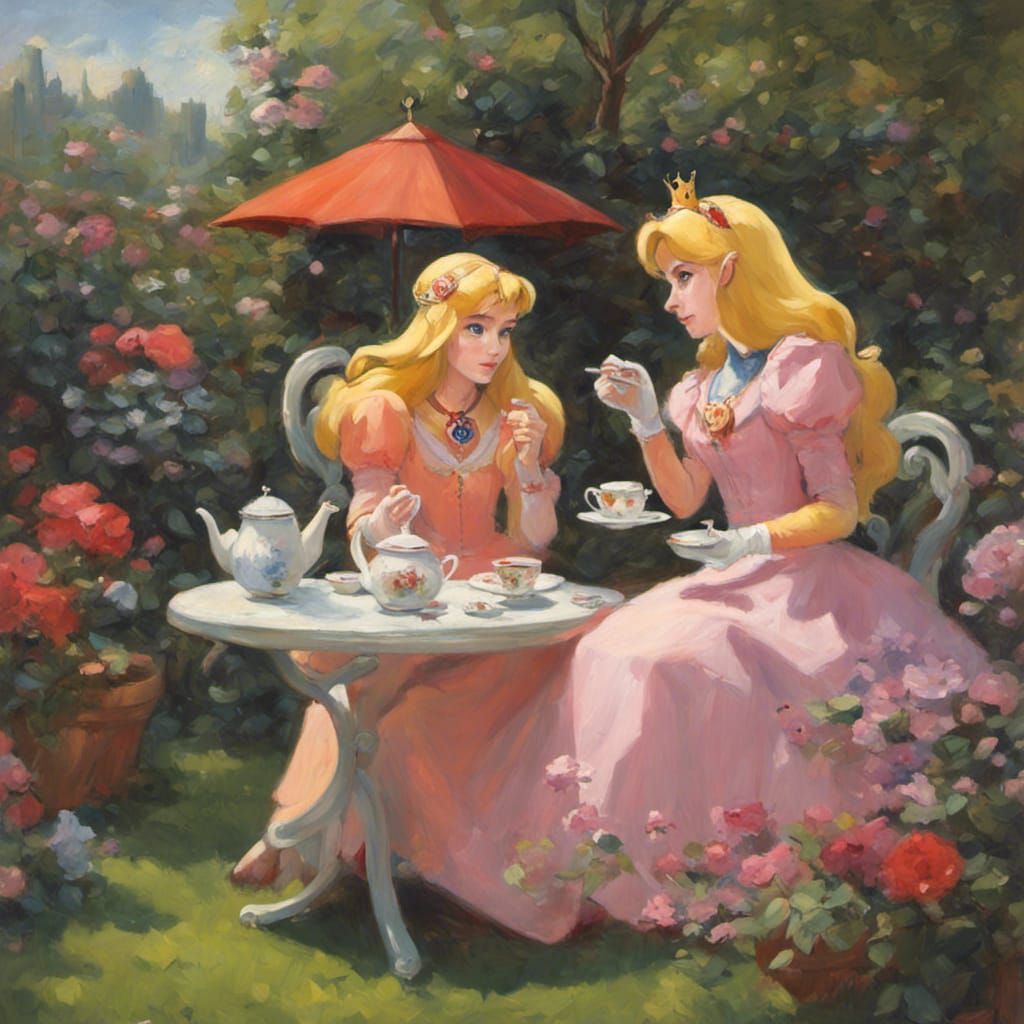 Zelda having tea with Princess Peach in a garden. - AI Generated Artwork -  NightCafe Creator