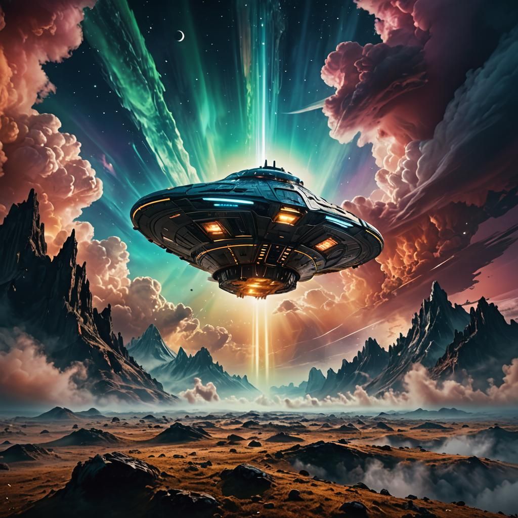 Spaceship Soaring Above Surreal Moonscape