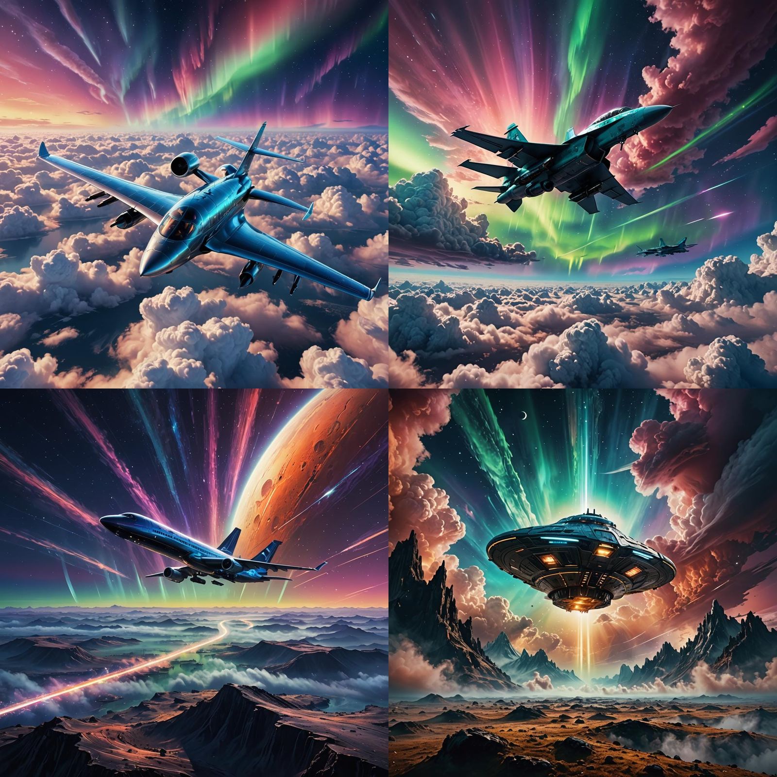 Sci-Fi Fighter Jet Aurora Landscape Stock Photo