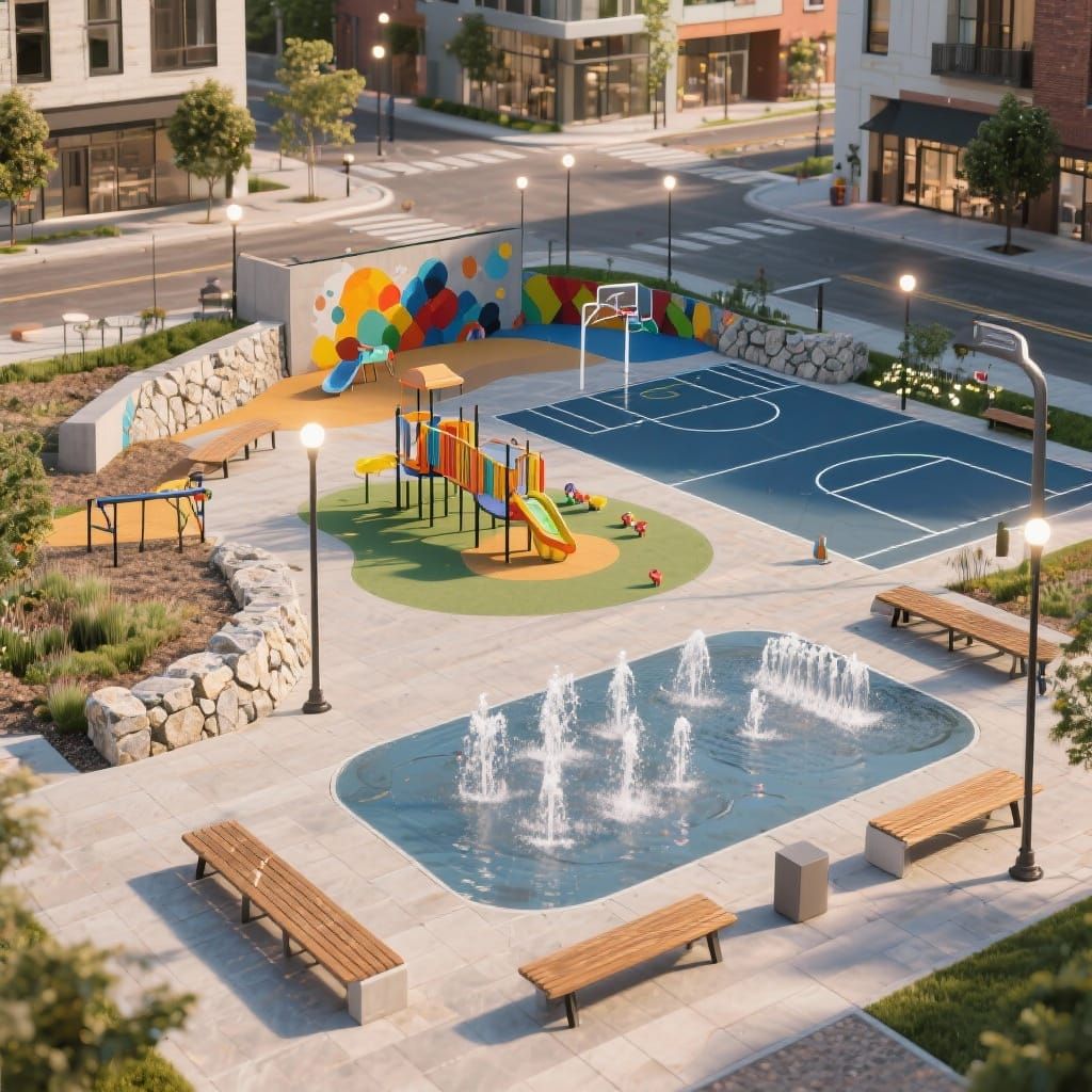 External area view,  contemporary public square with smart lighting, playground, sports courts, benches and interactive water fountains with...