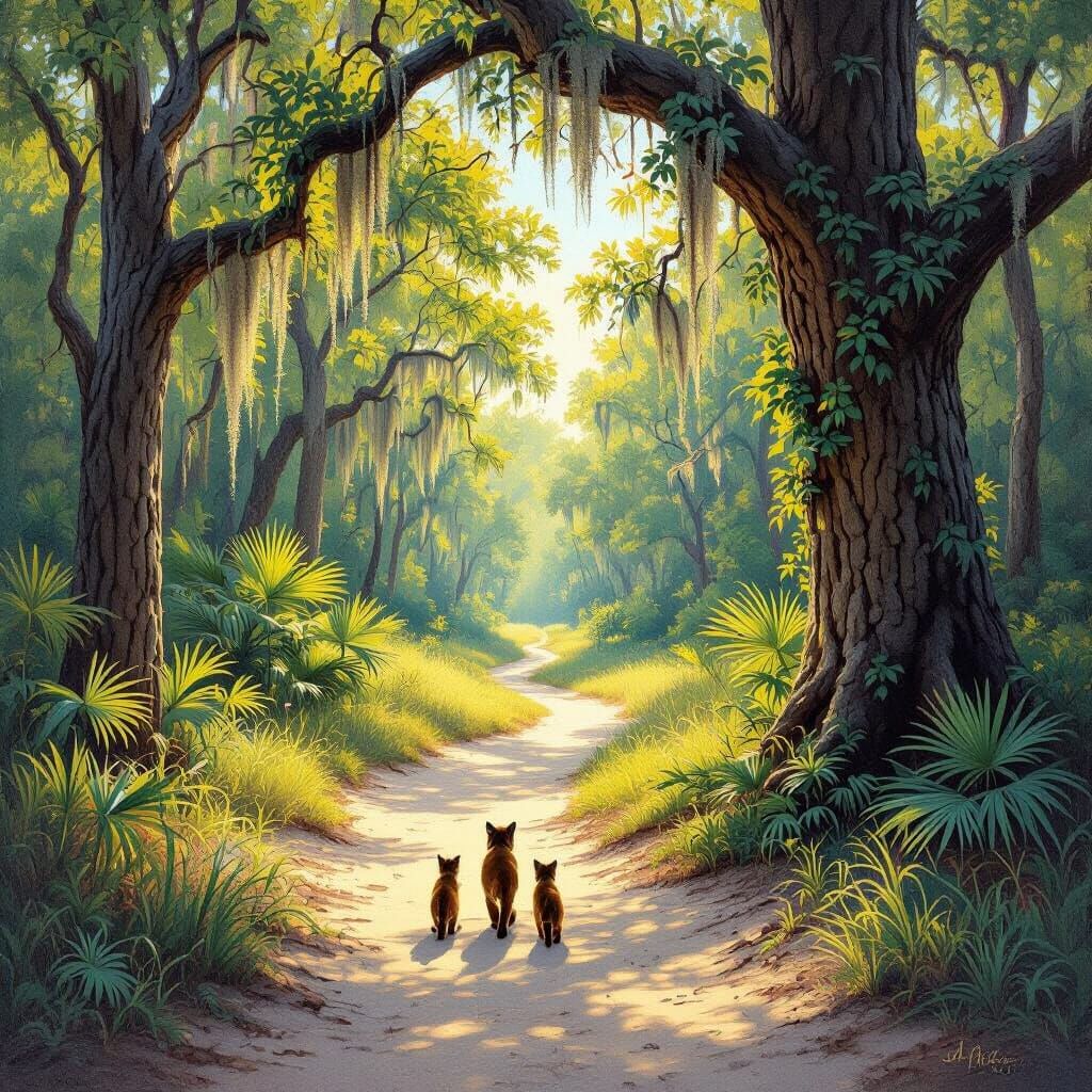 A sandy path through a north Florida forest, with loblolly pines, oak trees whose branches are draped with Spanish moss,and palmettos. A wil...