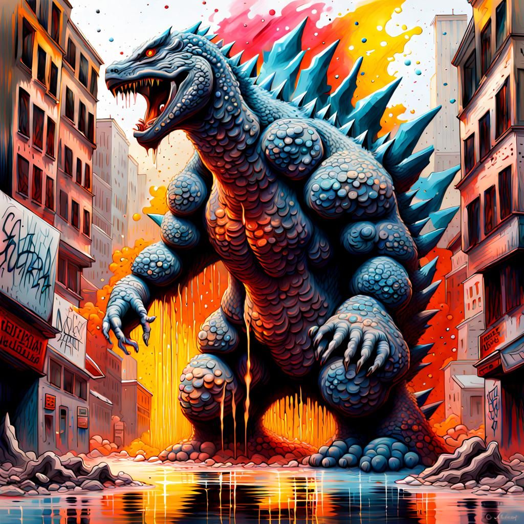 3D Godzilla terrifying destruction. graffiti art, splash art...