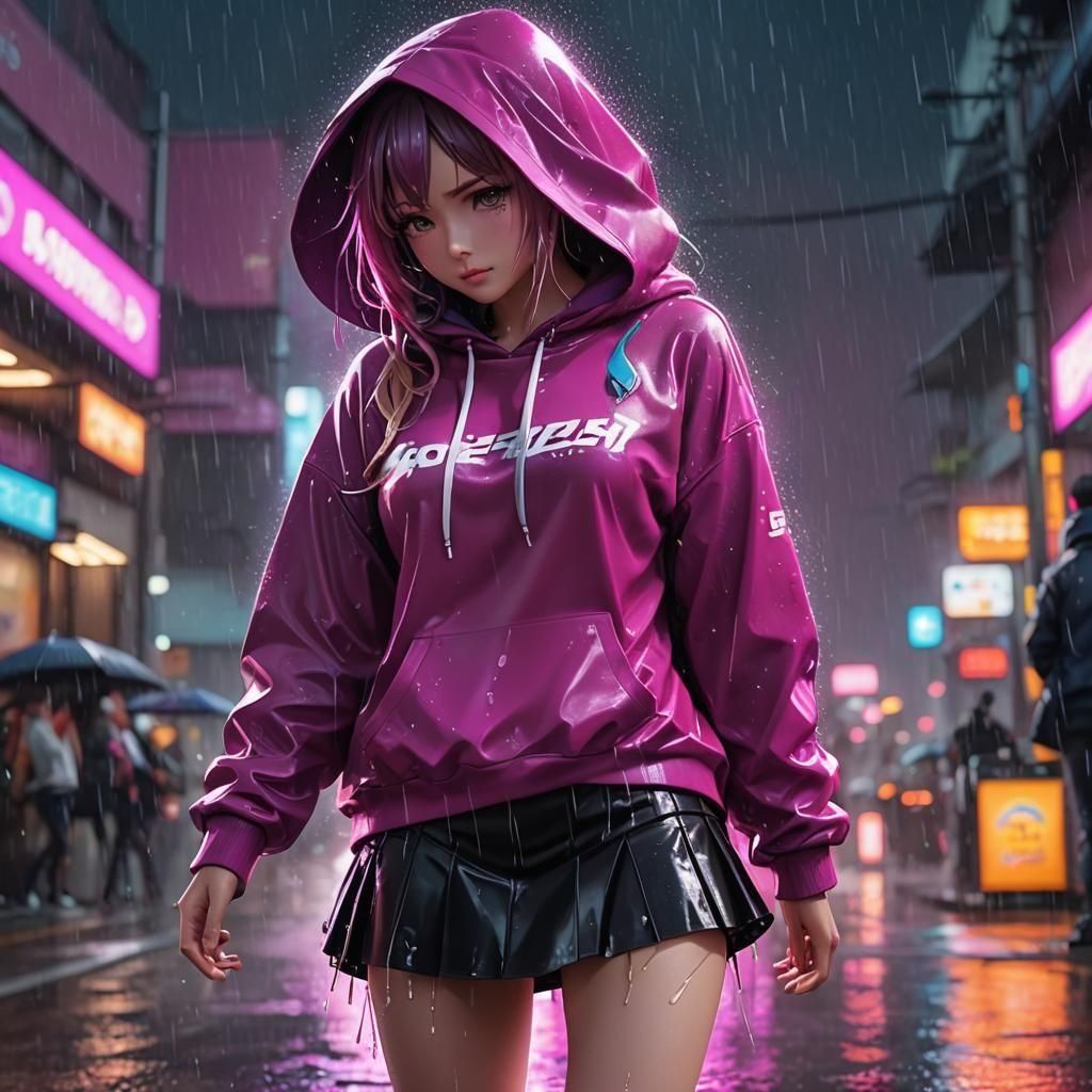 Wet girl, wet skirt, short skirt, wet hoodie, oversized hoodie, bright solid colored hoodie, big features, bottom showing, rain, realistic,...