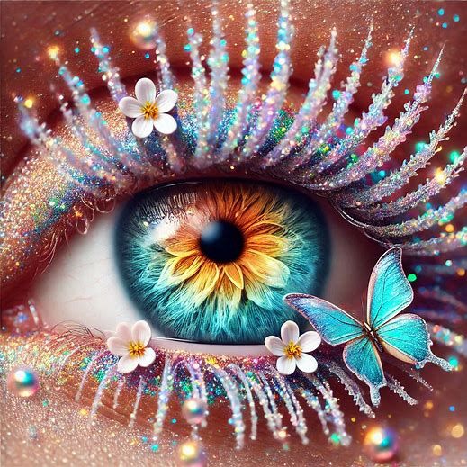 Macro photography of a beautiful flower eye with frozen eyelashes