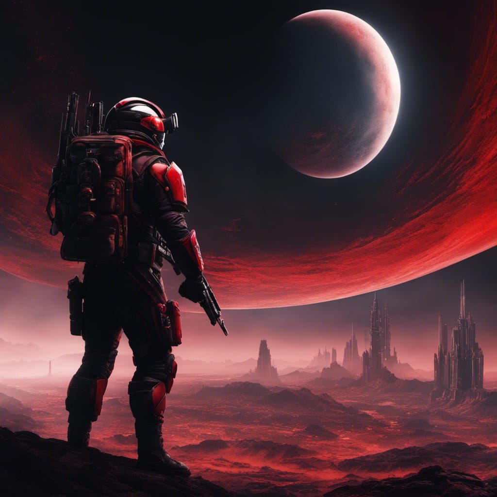 space mercenary, parachuting in, guns blazing, blood red moon, black ...