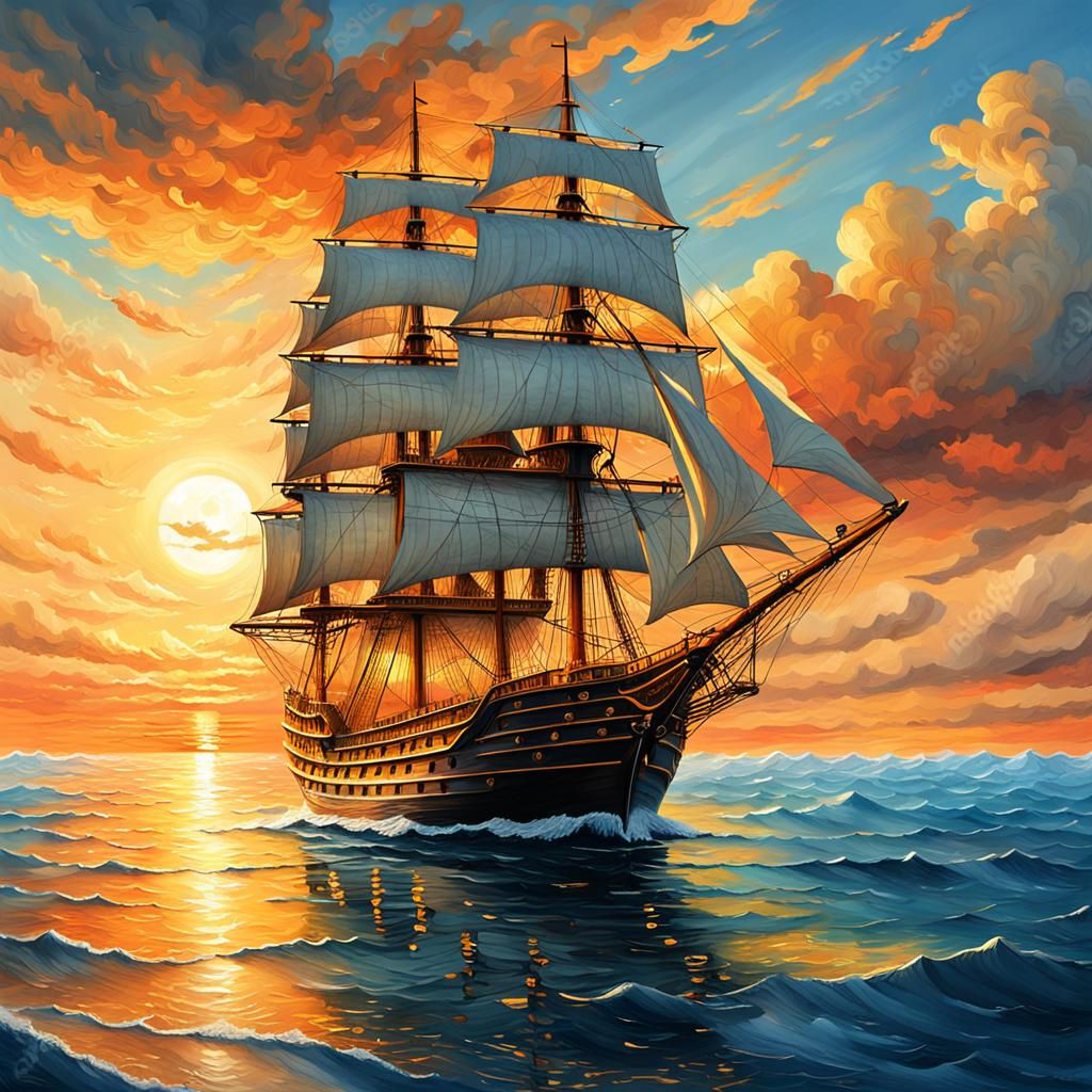 a magnificant sailing ship sailing on clear blue waters towards the setting sun   by @olathf