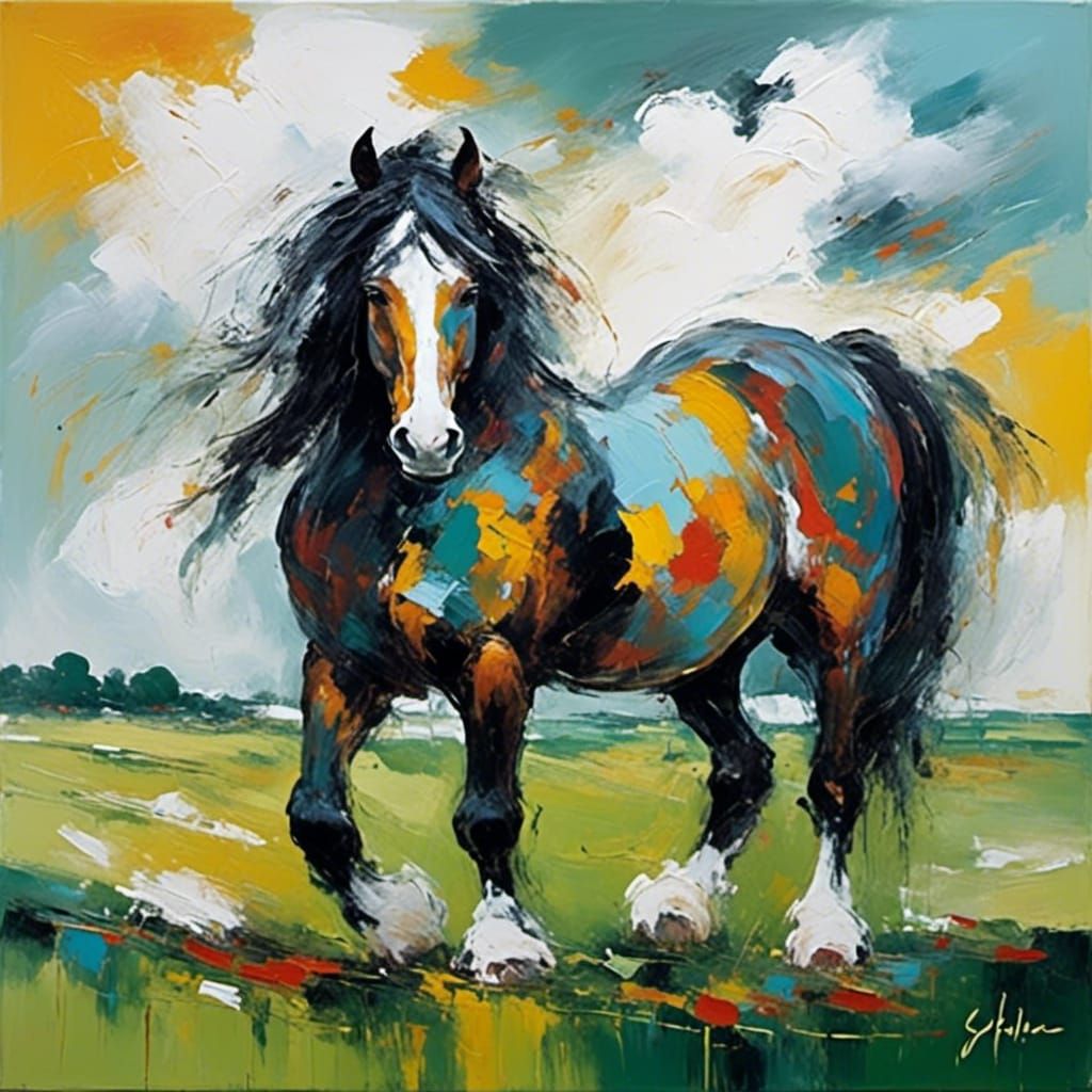 <lora:Lyrical abstraction:1.0>  A shire horse grazing in a farm pasture, billowy clouds, fences, lyrical abstraction