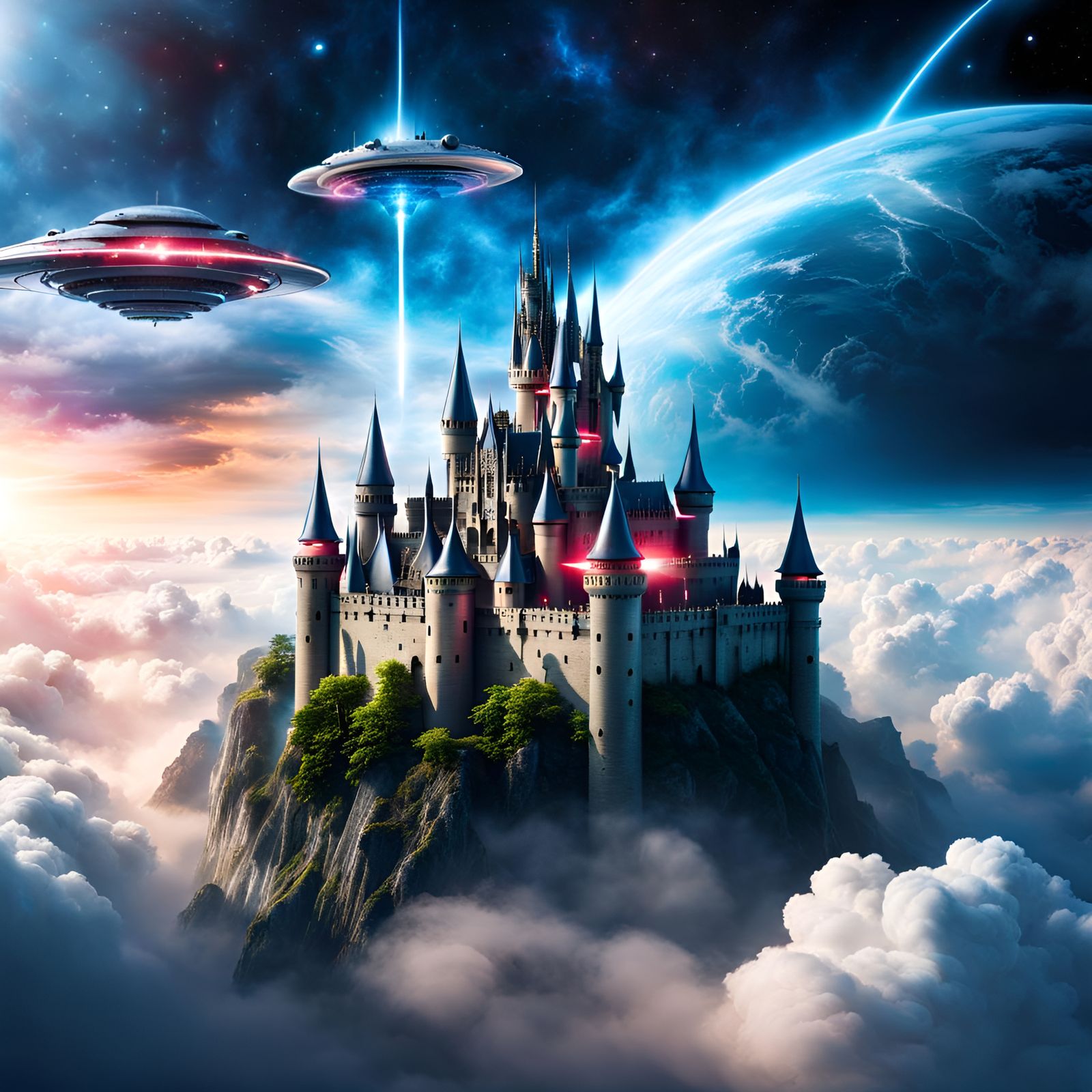 spaceships attack medieval castle in clouds 🛸🏰🌥️  by @Magdalene