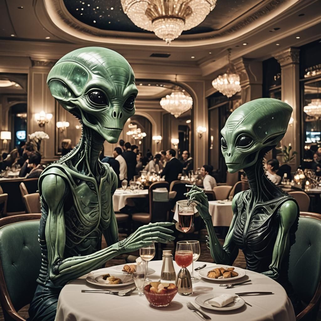 Two aliens on a date in a fancy restaurant.