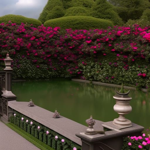 Photorealistic, high definition, lavish rose garden with a stone ...
