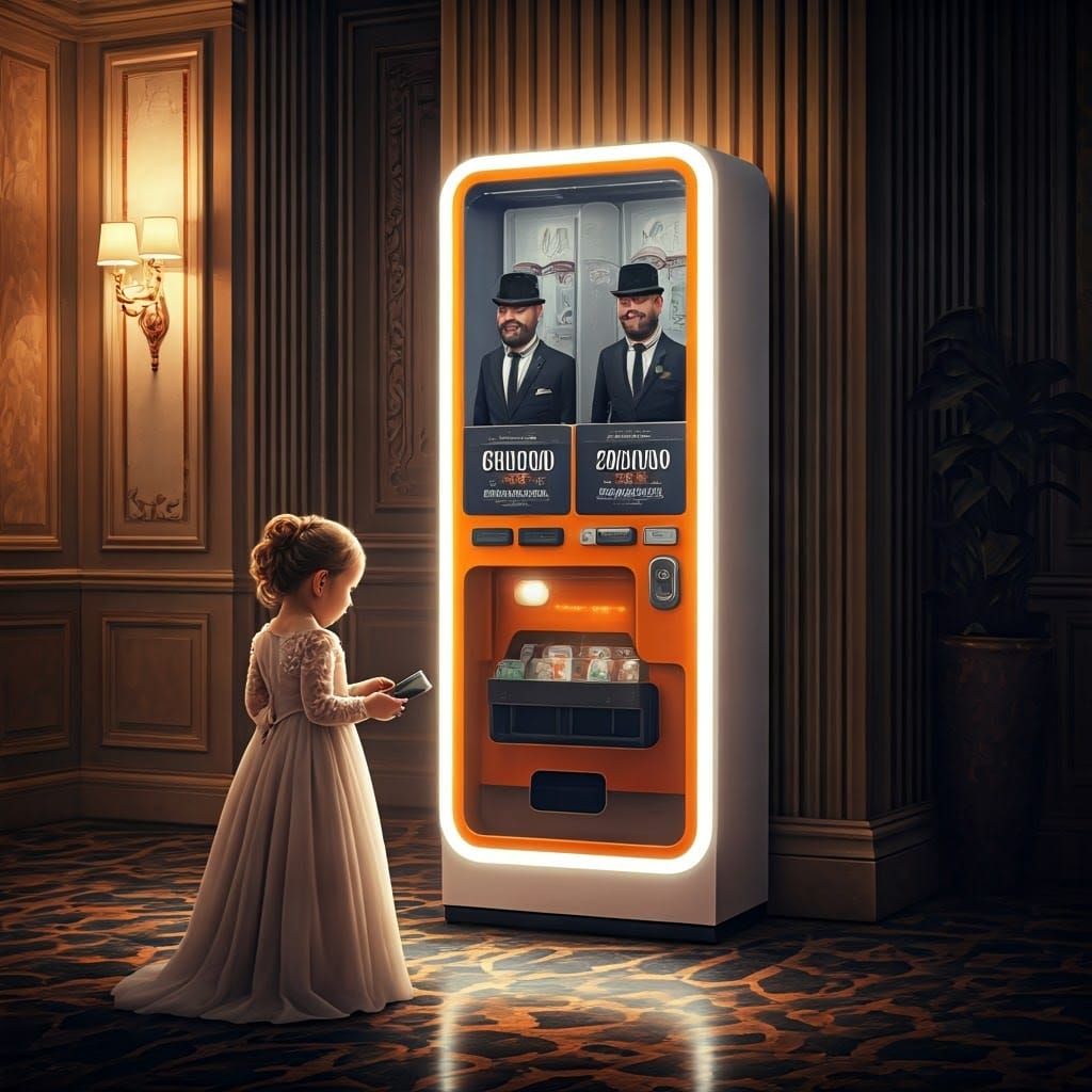 Luxurious Hotel Lobby Scene with Mysterious Suit Dispenser