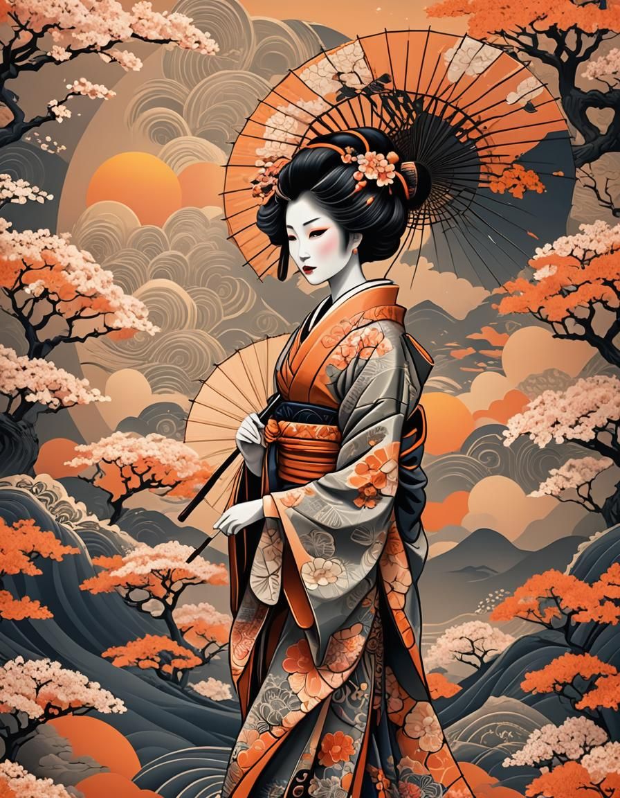 japanese geisha standing with parasol with sakura orange sun...