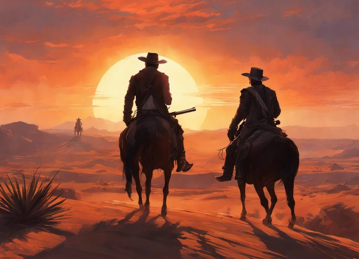 two cowboys have a pistol duel in the desert at sunset, centered, by ...