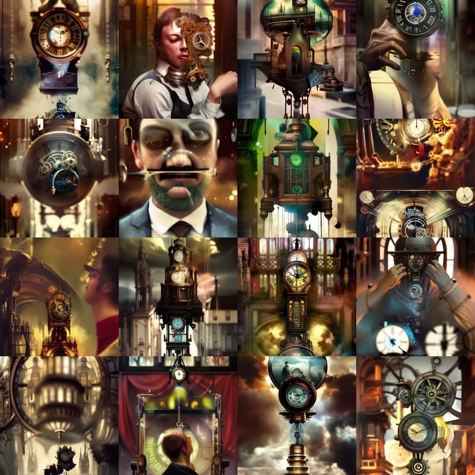 human Victorian grandfather clock melting time, connected, dripping