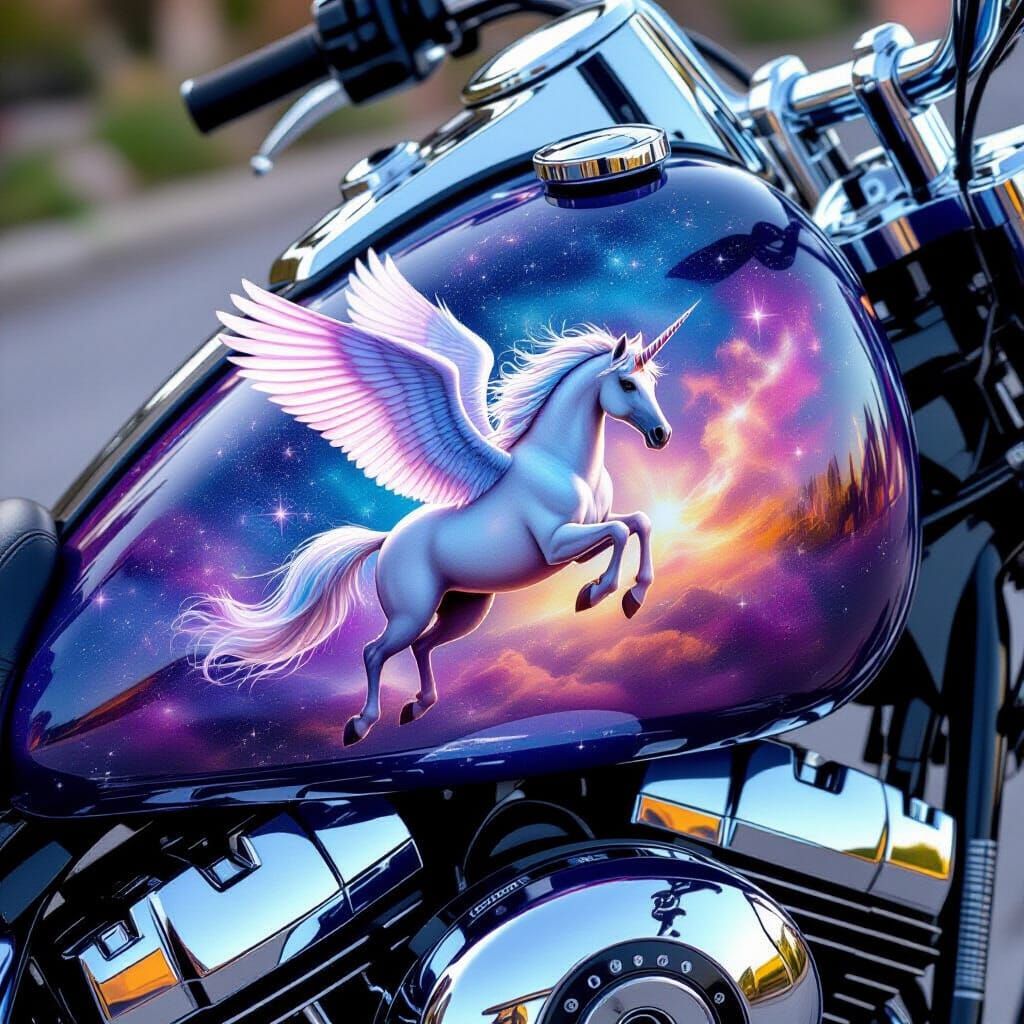 A custom airbrushed design for a motorcycle tank, featuring a dynamic, surreal scene of a Pegasus soaring ...  by @Hummingbirdartiste