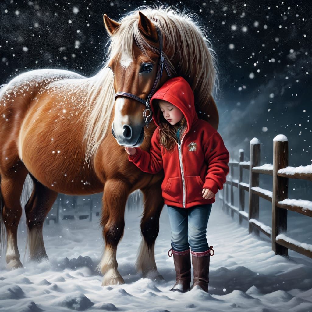A Shetland Pony and young girl in a blizzard