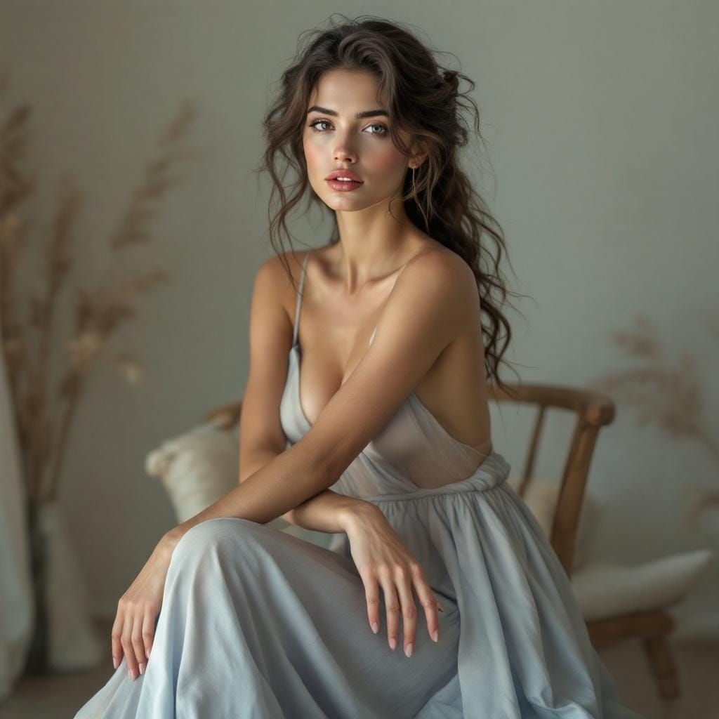 Hyperrealistic Greek Woman in Blue Dress, Evocative Portrait