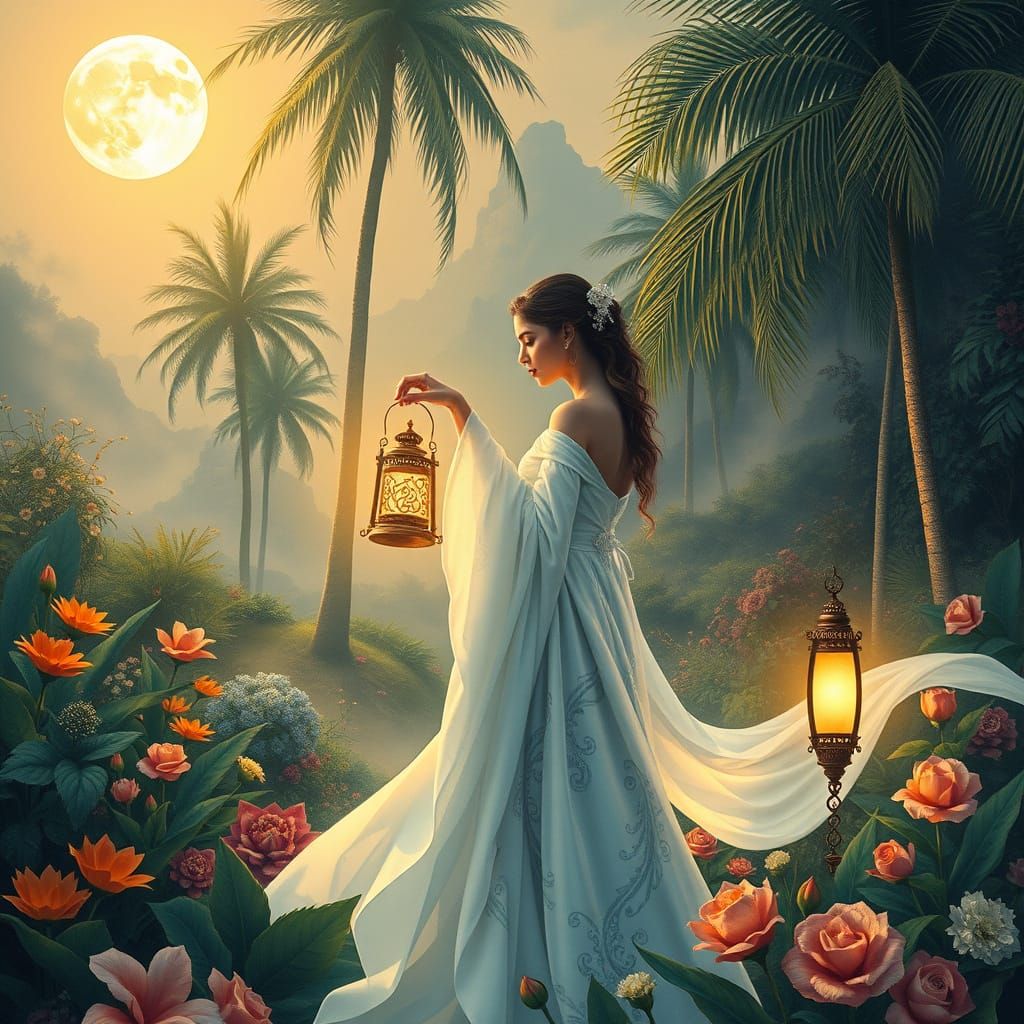 Surreal Woman Illuminated by Moonlight in a Vibrant Garden