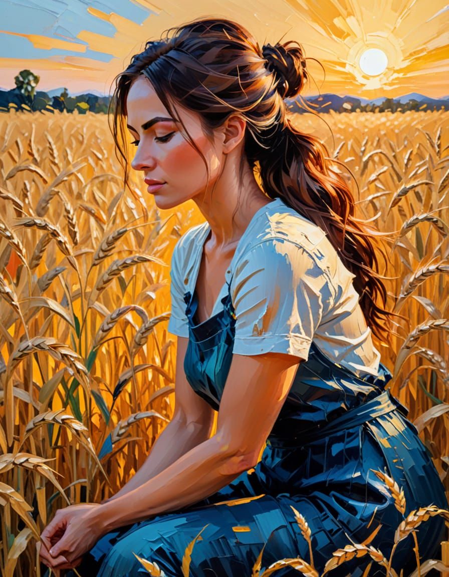 Woman in Wheat Field: Impasto Abstract Expressionism