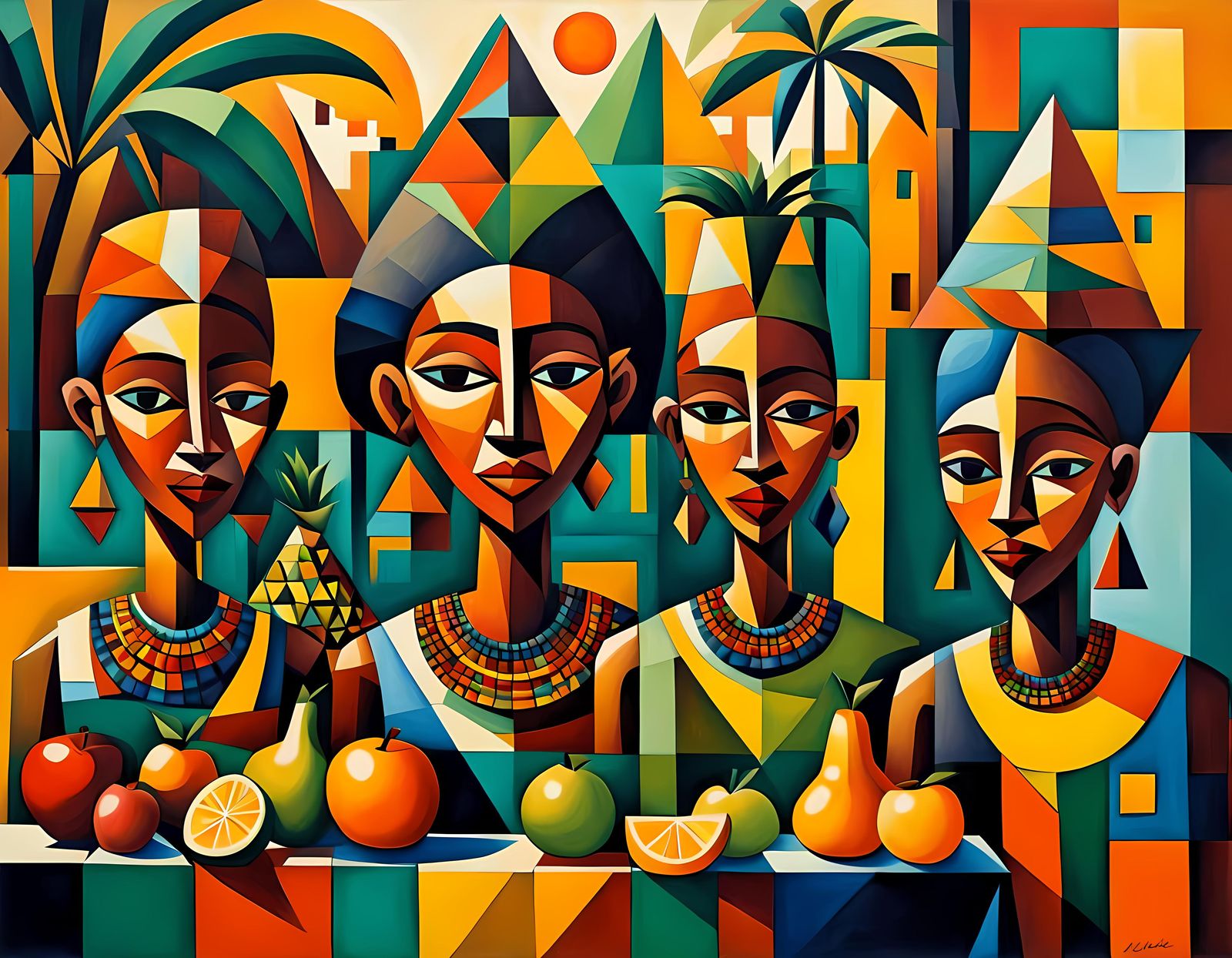 Fruits african tribe women vendors in a cubist style, composed of overlapping squares and triangles.
A ...  by @Vey Telmo