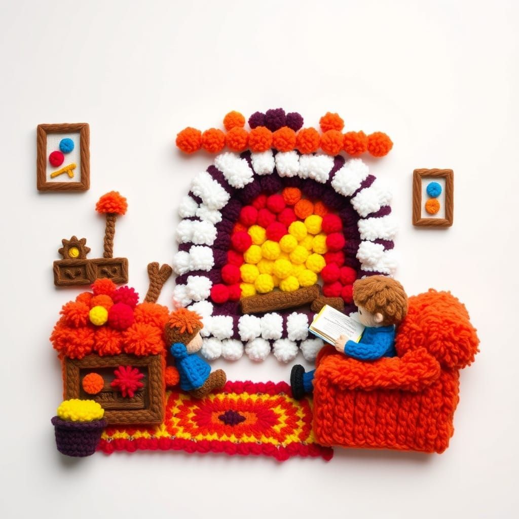 Pompom Fireplace Scene: A Colorful Whimsical Creation