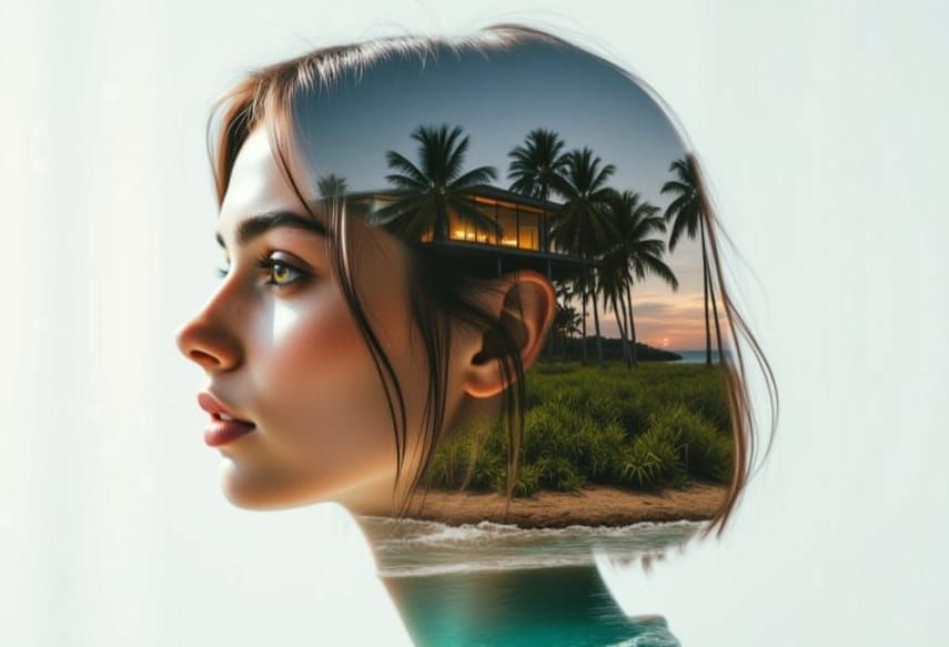 Double Exposure: Woman Merged with Tropical Paradise