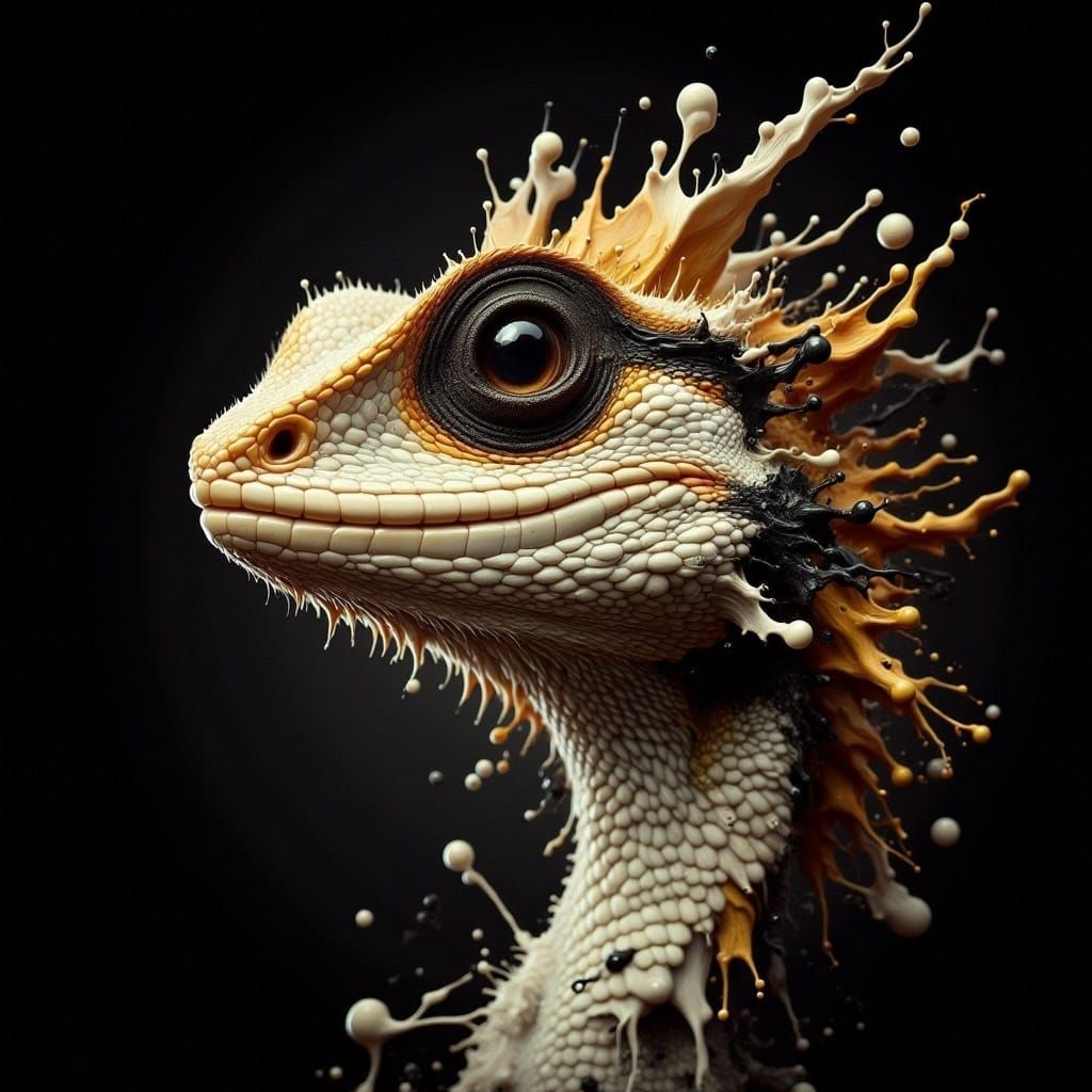 A professional portrait photograph of an old dragon with gold and white scales, set against a dark, minimalistic background to highlight its...