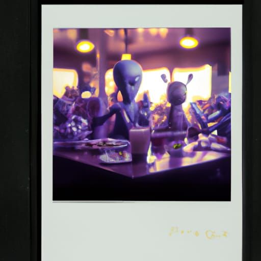 Old Poloroid Photograph of SpaceAliens Eating at a Fancy Cro...