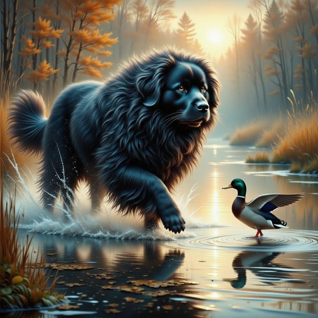 A beautiful dynamic black Newfoundland dog and a duck