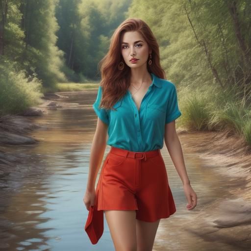 <lora:Pretty fashion:1.0> "pretty woman,  walking in river, blue+red clothes, blond hair