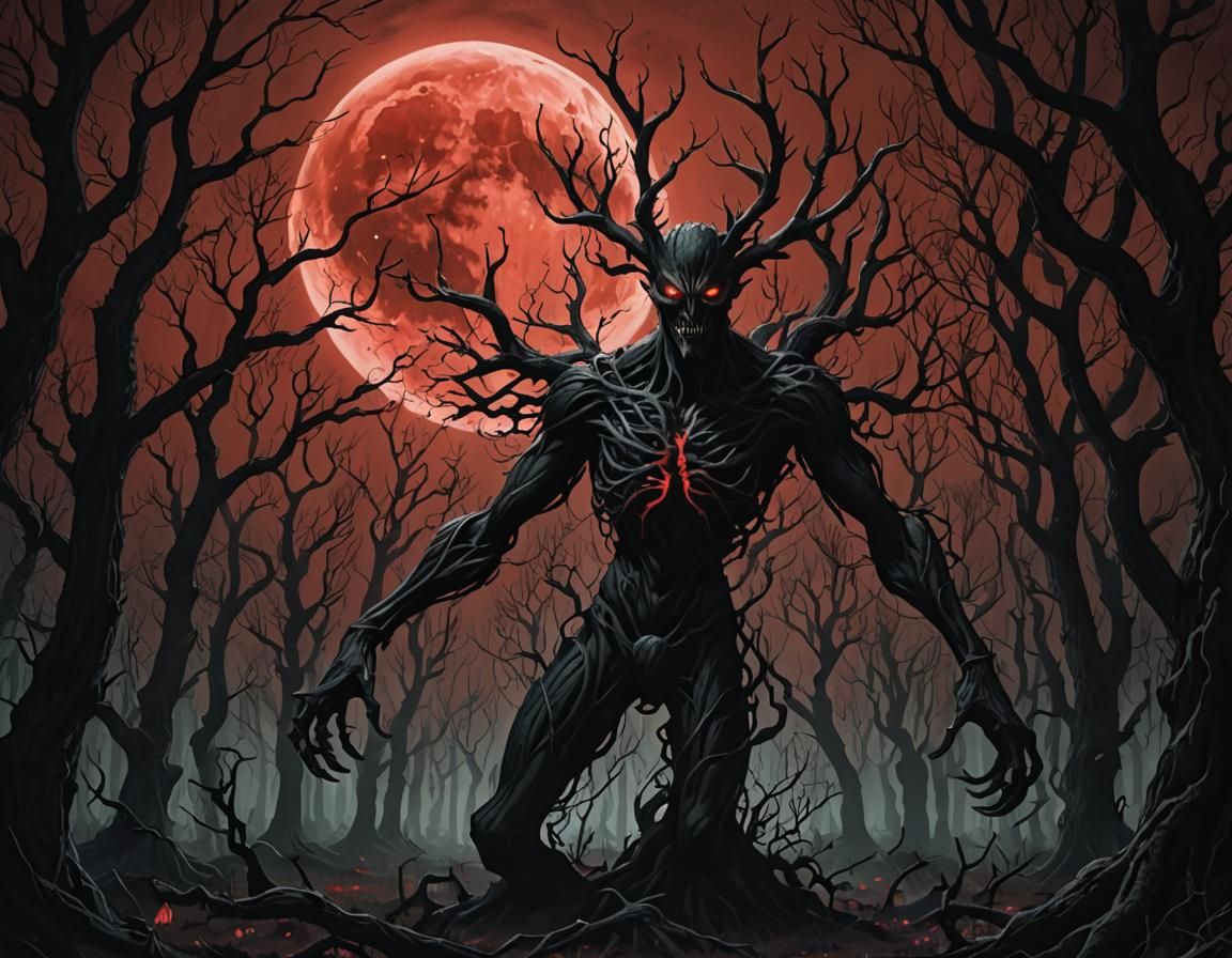 Depict a dark forest with trees that have a sinister appeara...