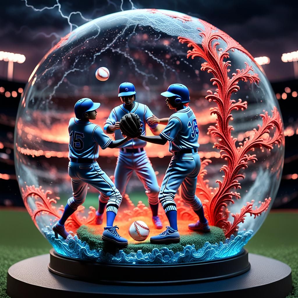 claymation baseball players in a 3D fractal transparent glass baseball  by @Haikal