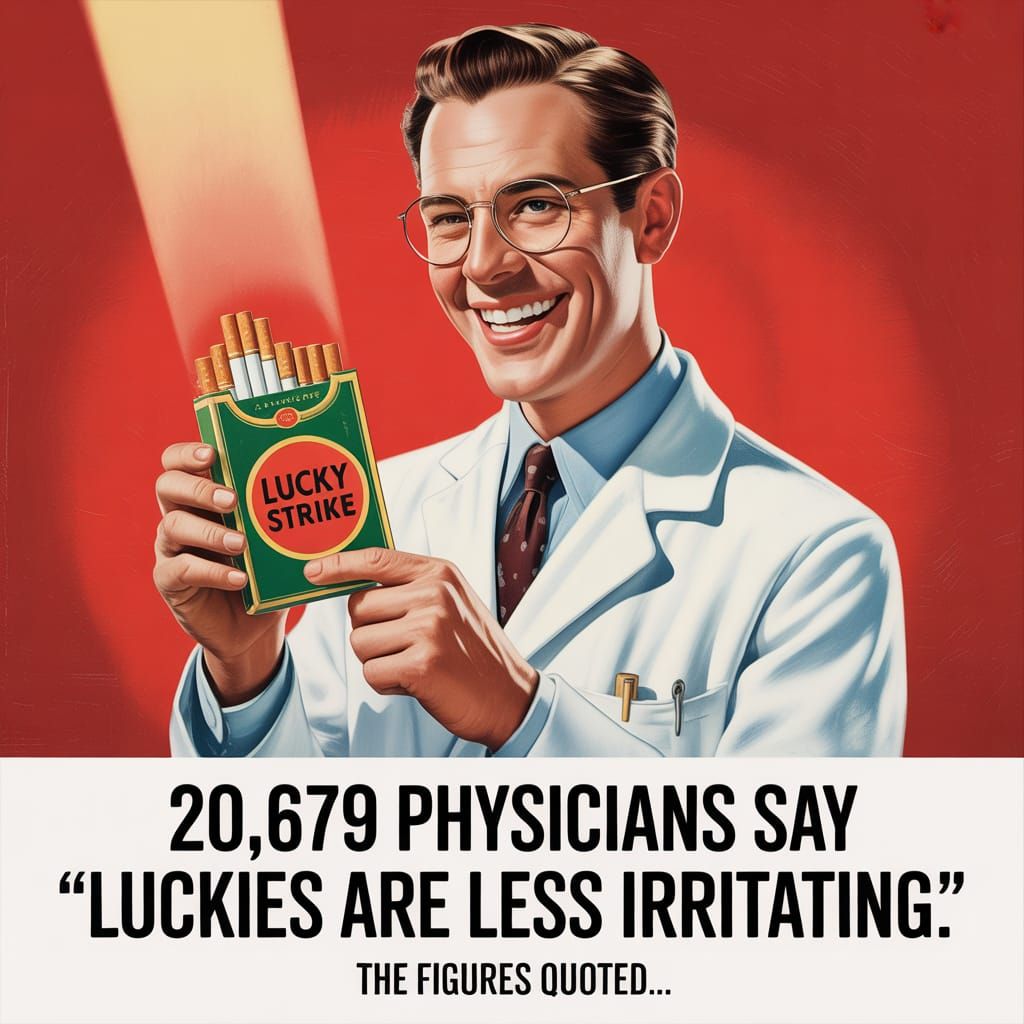 A vintage advertisement, featuring a smiling, middle-aged Caucasian man with slicked-back dark hair, ...  by @Slappy