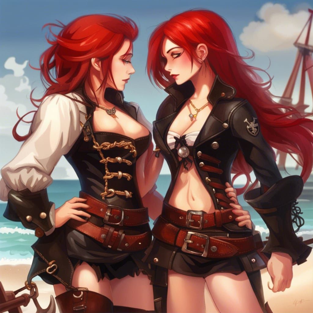 Two cute pirate captain women, one with red hair, small leat...