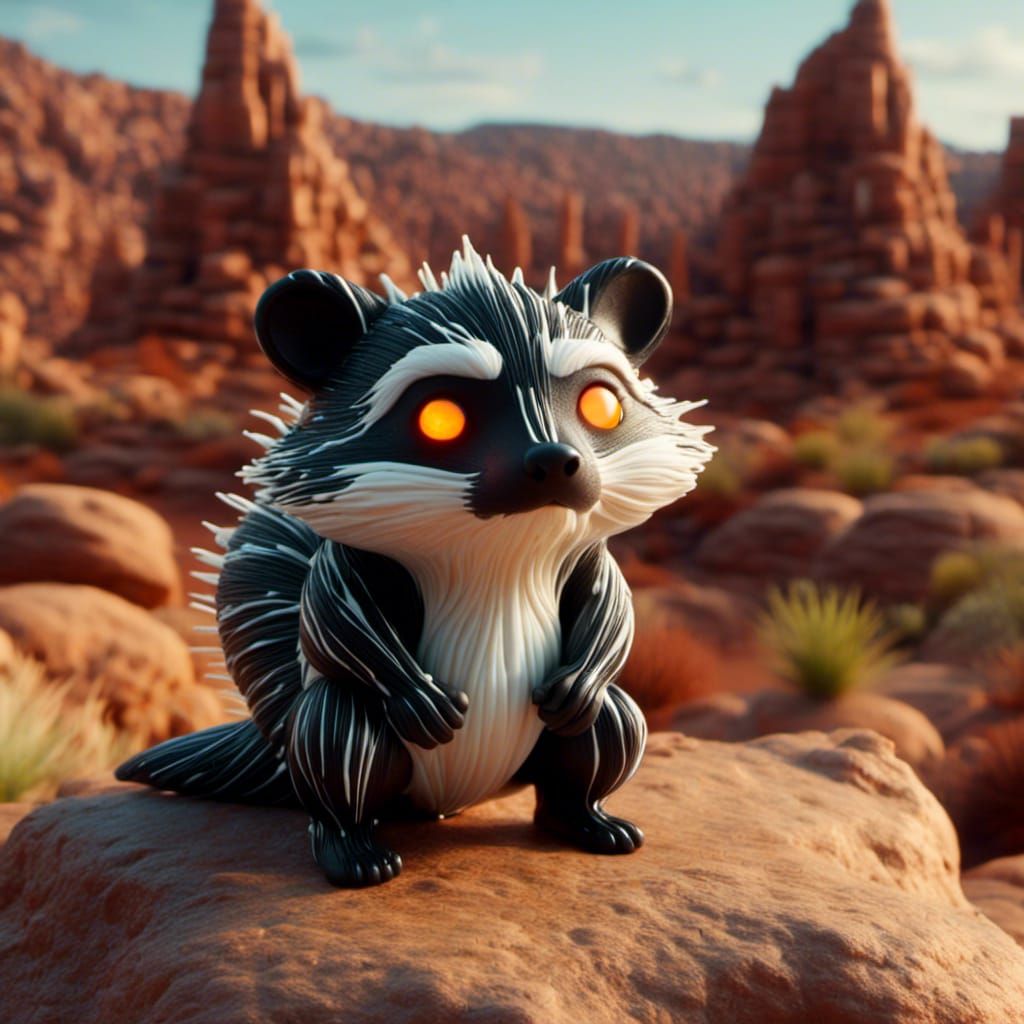 <lora:Symbiotic:1.0> a black raccoon with white slimy spiky stripes, glowing orange eyes, on a rock in a dessert