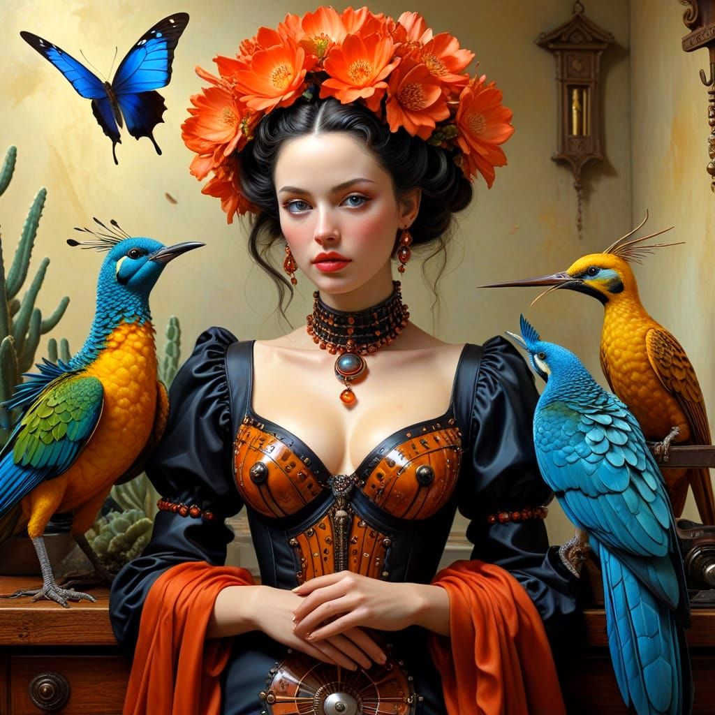 Surrealistic Lady in Amber and Sundial Composition