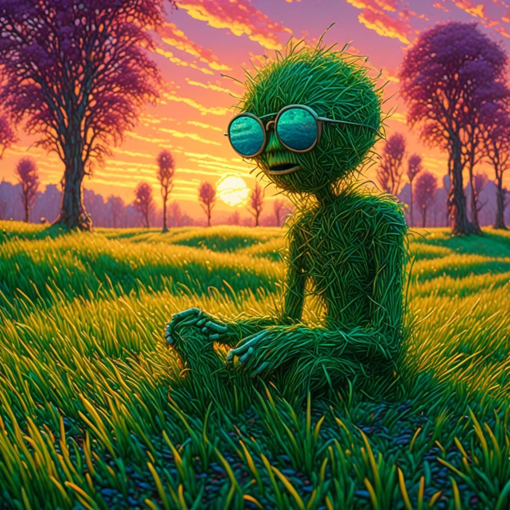 <lora:Grass:1.0> lonely grass man, wearing shades, sunset reflections , 64MP Professional DSLR, fantastic global illumination, backlit, stud...